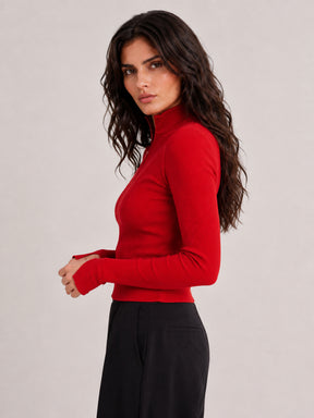 Red Rib High Neck Front Zipper Top-SASSAFRAS