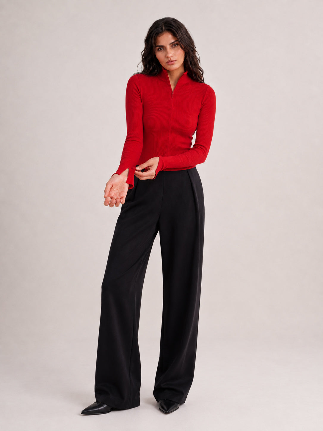 Red Rib High Neck Front Zipper Top-SASSAFRAS