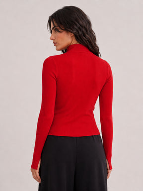 Red Rib High Neck Front Zipper Top-SASSAFRAS