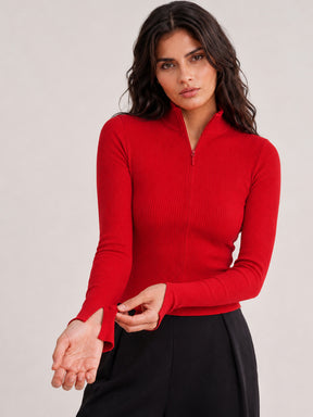 Women Red Rib High Neck Front Zipper Top