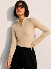 Beige Rib High Neck Front Zipper Top-SASSAFRAS