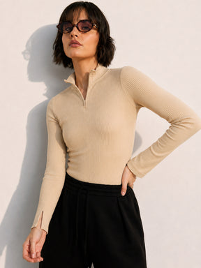 Beige Rib High Neck Front Zipper Top-SASSAFRAS
