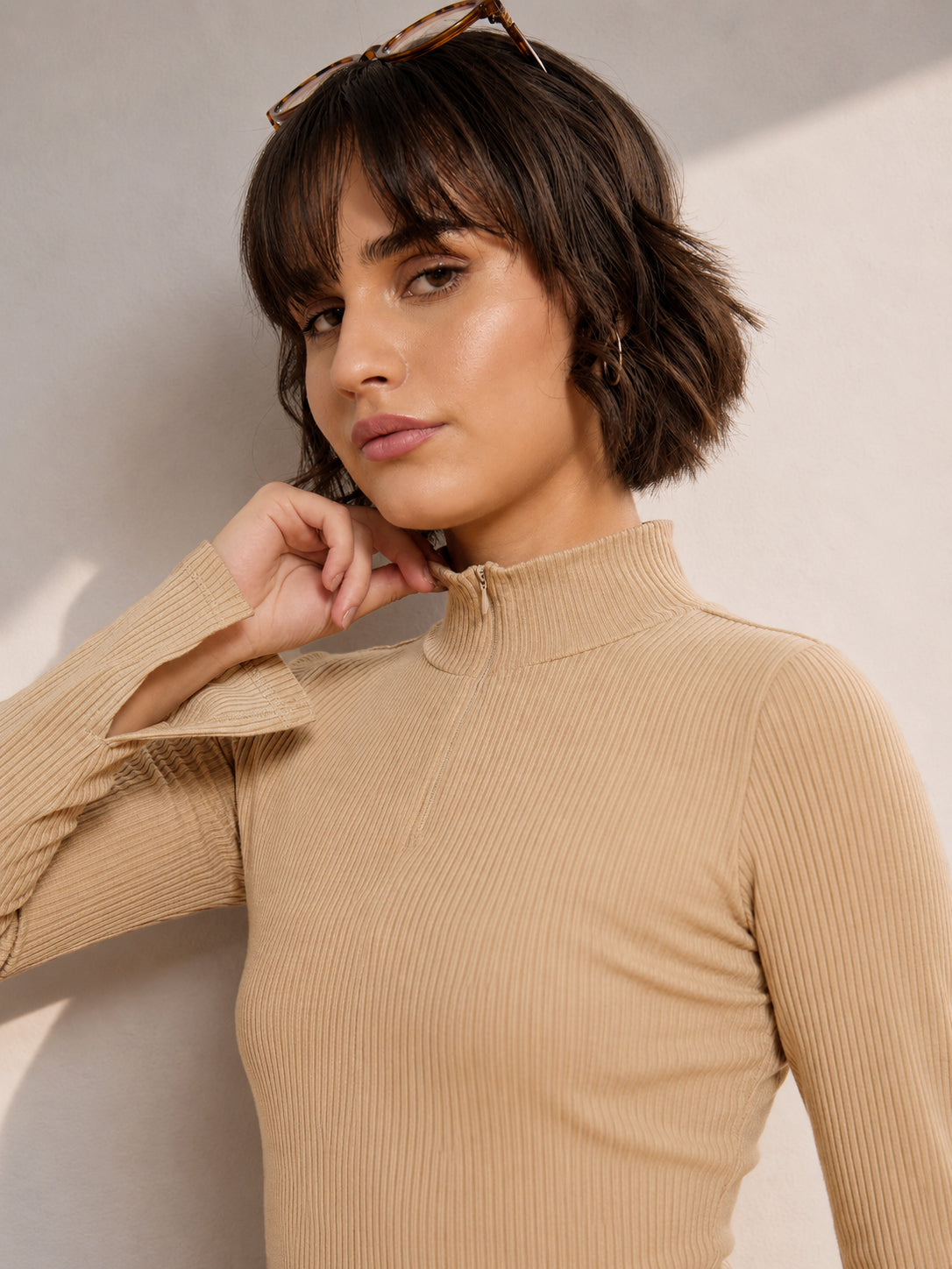 Beige Rib High Neck Front Zipper Top-SASSAFRAS
