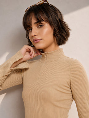 Beige Rib High Neck Front Zipper Top-SASSAFRAS