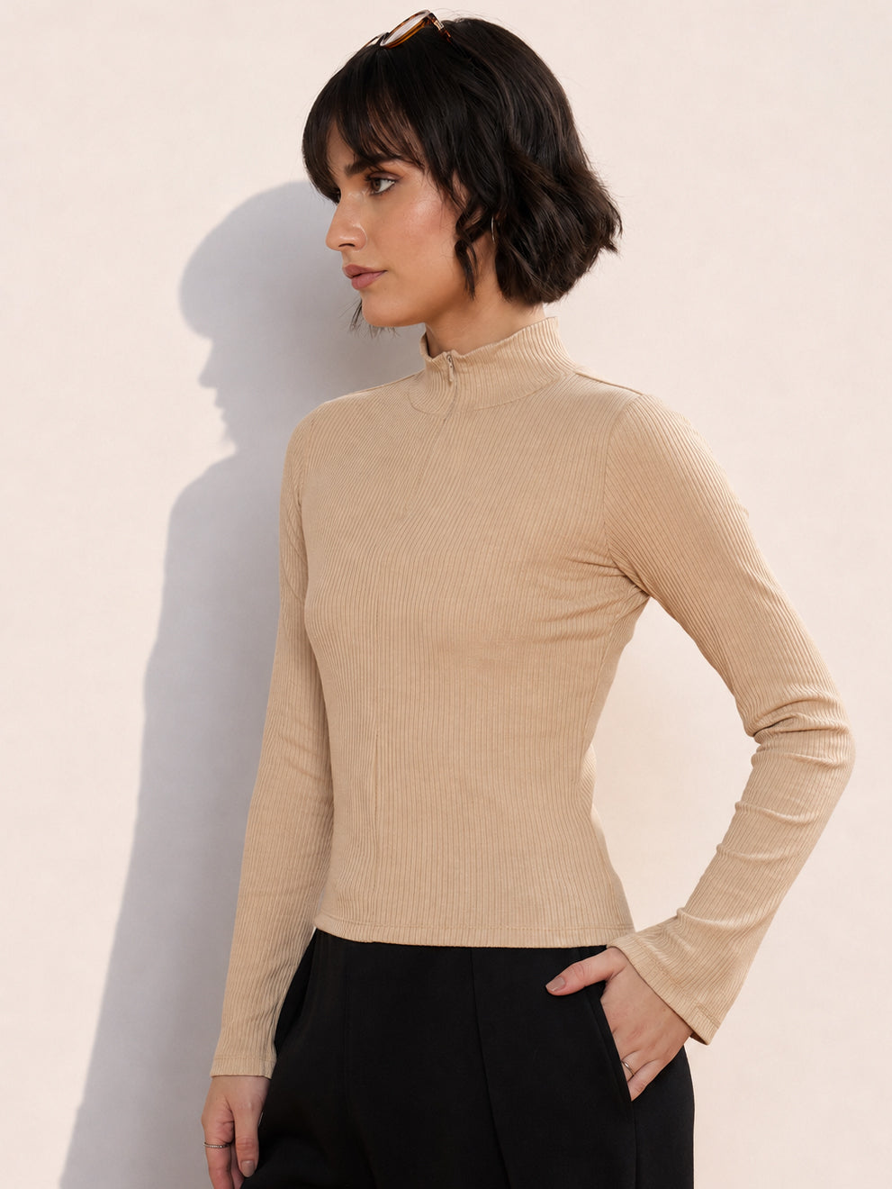 Beige Rib High Neck Front Zipper Top-SASSAFRAS
