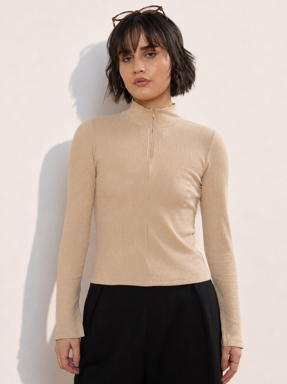 Beige Rib High Neck Front Zipper Top-SASSAFRAS