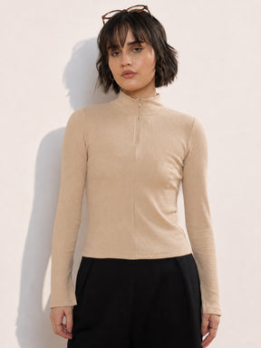 Beige Rib High Neck Front Zipper Top-SASSAFRAS