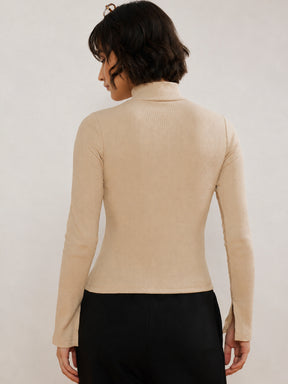 Beige Rib High Neck Front Zipper Top-SASSAFRAS