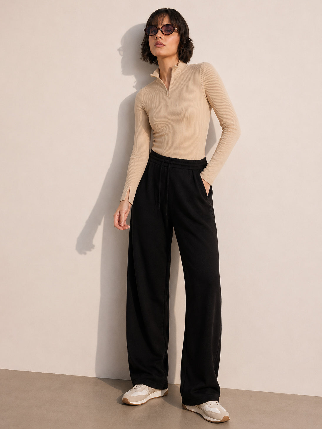 Women Beige Rib High Neck Front Zipper Top