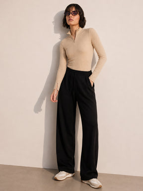 Women Beige Rib High Neck Front Zipper Top