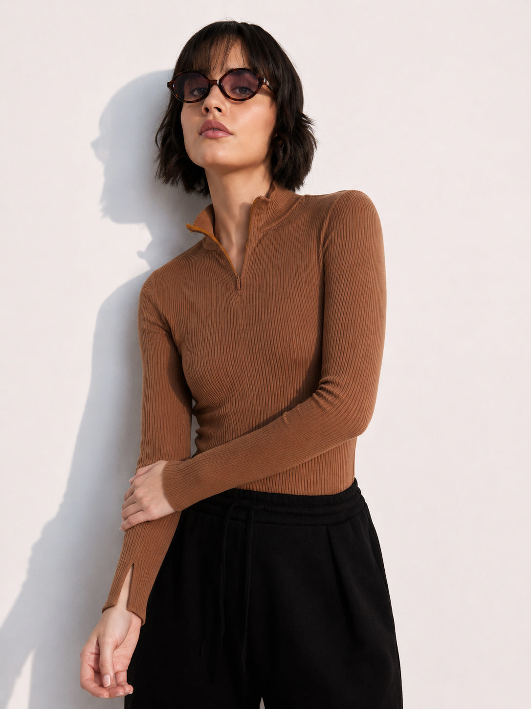 Tan Rib High Neck Front Zipper Top-SASSAFRAS
