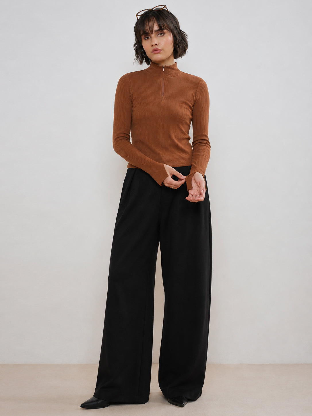 Tan Rib High Neck Front Zipper Top-SASSAFRAS