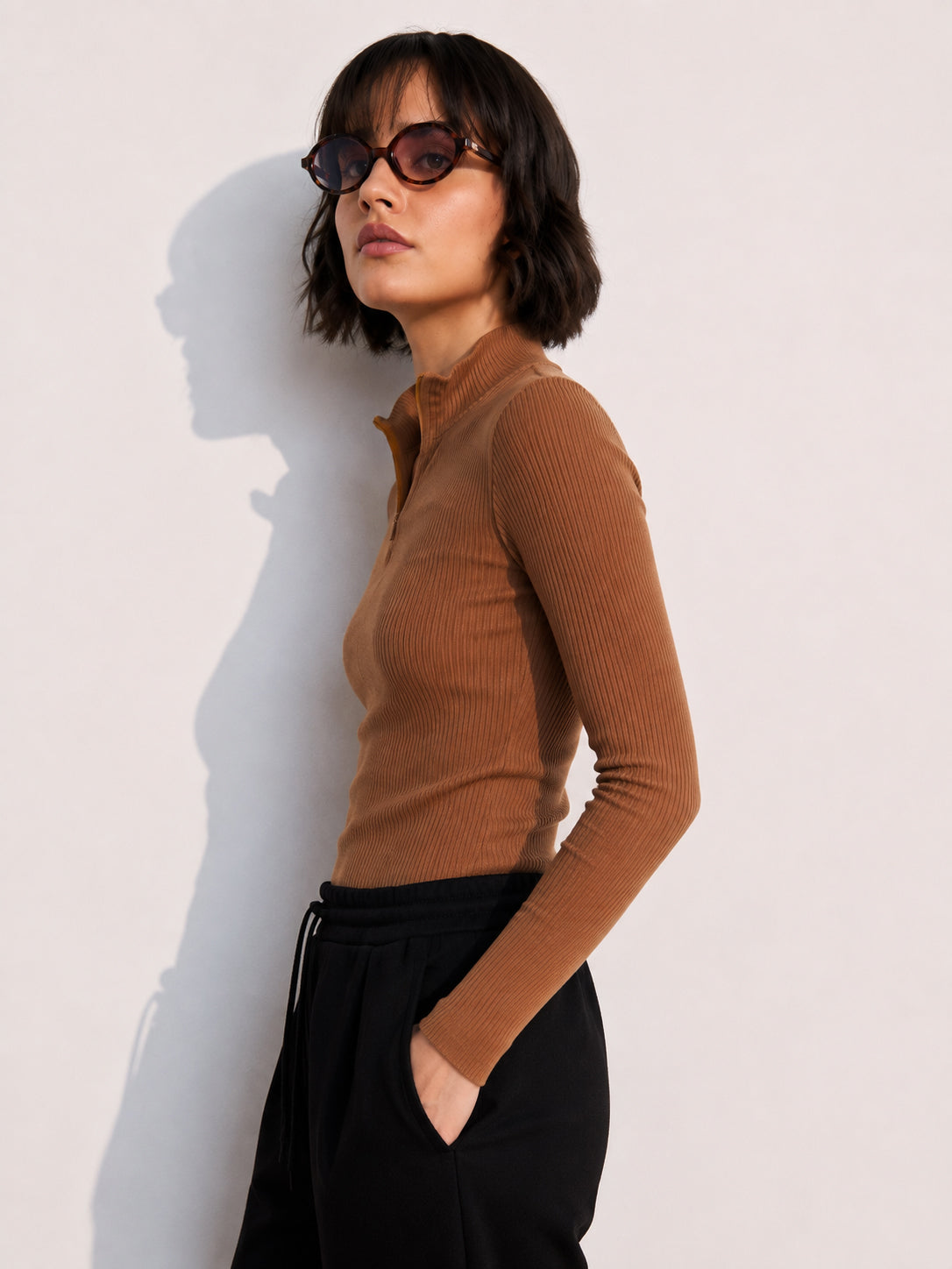Tan Rib High Neck Front Zipper Top-SASSAFRAS
