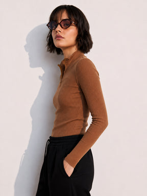 Tan Rib High Neck Front Zipper Top-SASSAFRAS