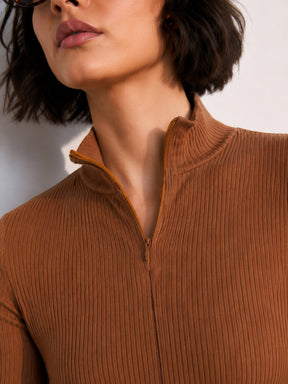 Tan Rib High Neck Front Zipper Top-SASSAFRAS