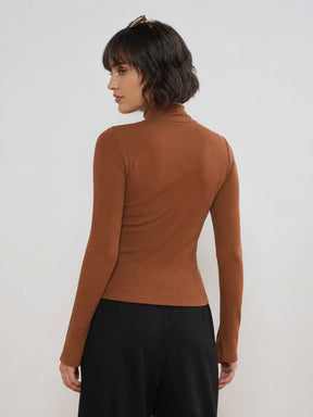 Tan Rib High Neck Front Zipper Top-SASSAFRAS