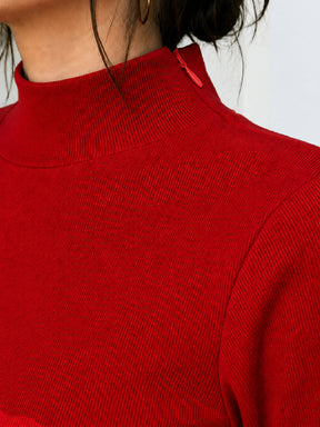 Red Rib High Neck Zipper Top-SASSAFRAS