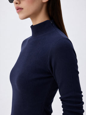 Navy Rib High Neck Zipper Top-SASSAFRAS