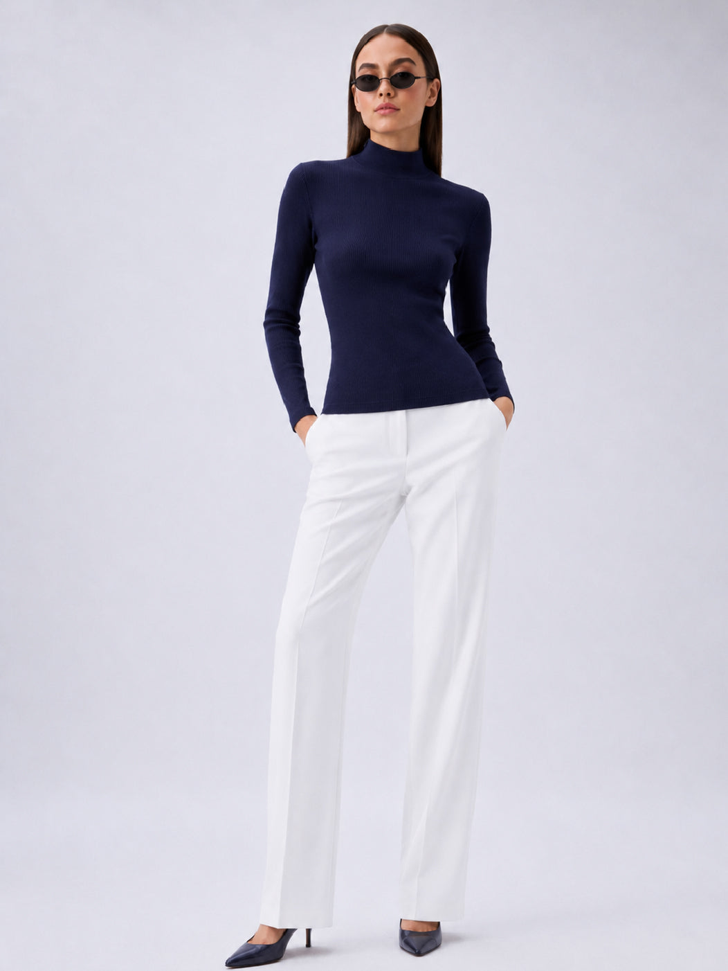 Navy Rib High Neck Zipper Top-SASSAFRAS