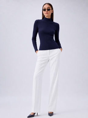 Navy Rib High Neck Zipper Top-SASSAFRAS