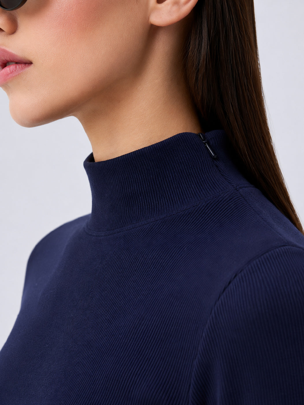 Navy Rib High Neck Zipper Top-SASSAFRAS