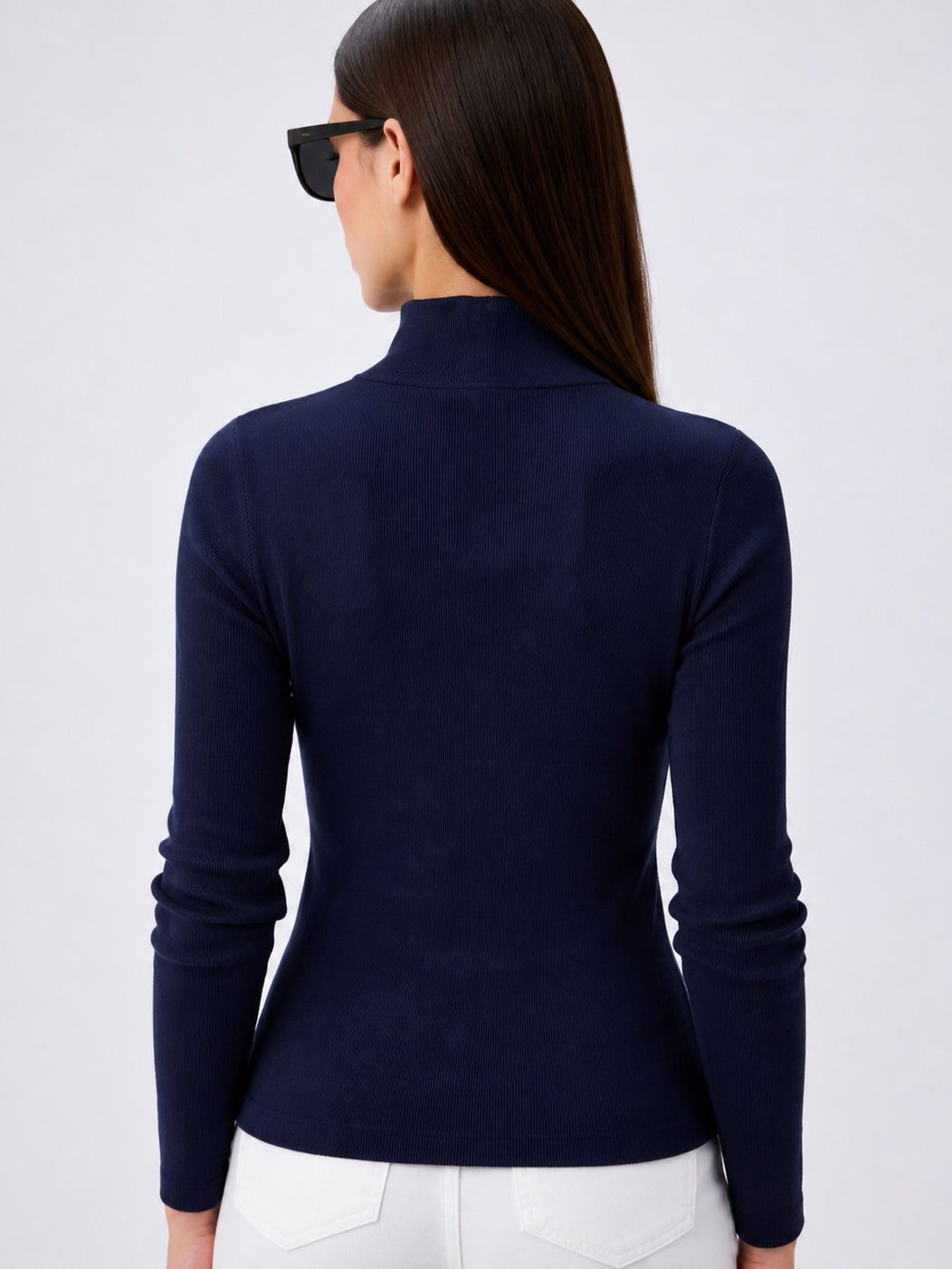 Navy Rib High Neck Zipper Top-SASSAFRAS