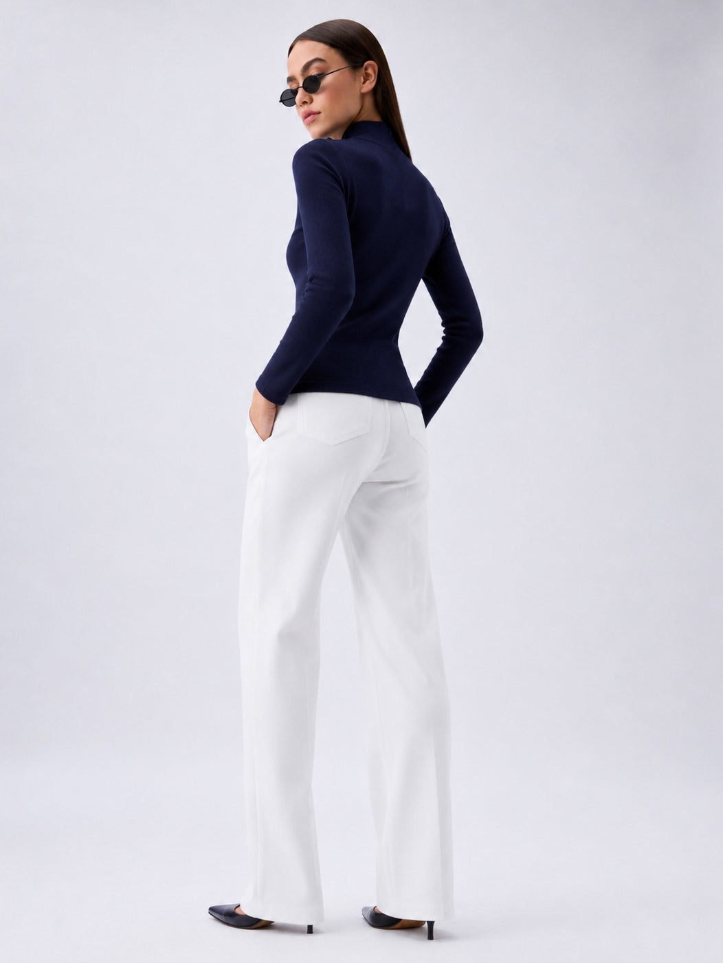 Women Navy Rib High Neck Zipper Top