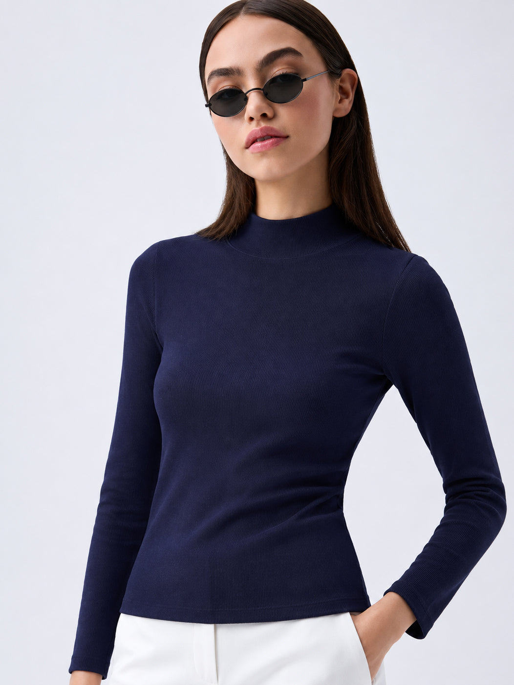 Women Navy Rib High Neck Zipper Top
