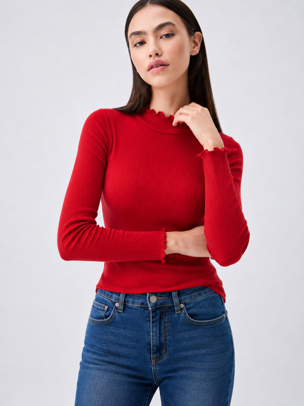 Red Rib Picot High Neck Full Sleeve Top -SASSAFRAS