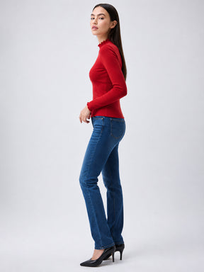 Red Rib Picot High Neck Full Sleeve Top -SASSAFRAS