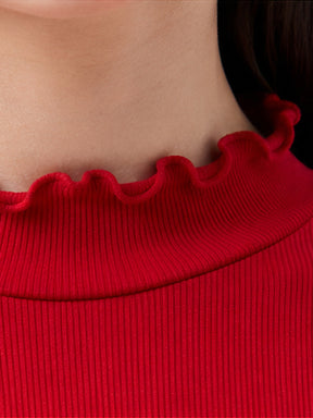 Red Rib Picot High Neck Full Sleeve Top -SASSAFRAS