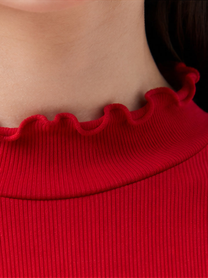 Red Rib Picot High Neck Full Sleeve Top -SASSAFRAS