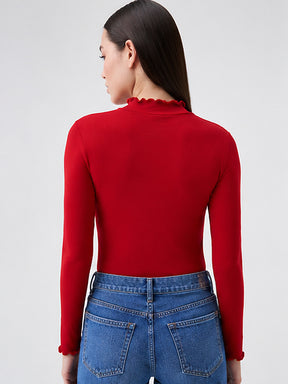 Red Rib Picot High Neck Full Sleeve Top -SASSAFRAS
