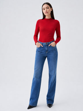 Women Red Rib Picot High Neck Full Sleeve Top
