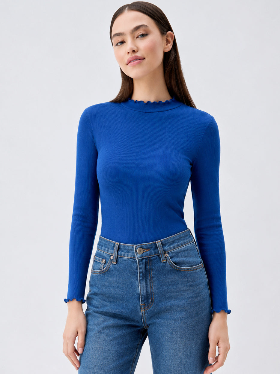 Royal Blue Rib Picot High Neck Full Sleeve Top -SASSAFRAS