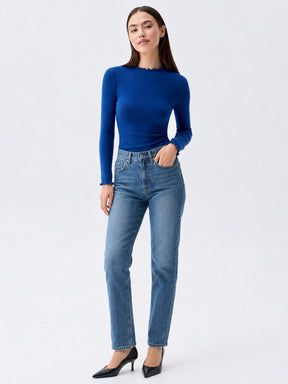 Royal Blue Rib Picot High Neck Full Sleeve Top -SASSAFRAS
