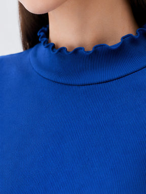 Royal Blue Rib Picot High Neck Full Sleeve Top -SASSAFRAS