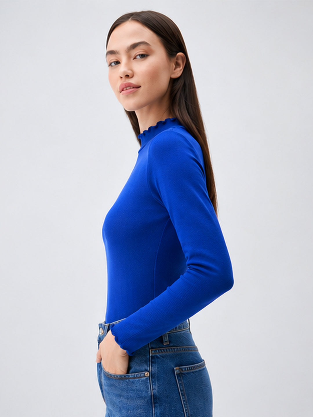 Royal Blue Rib Picot High Neck Full Sleeve Top -SASSAFRAS