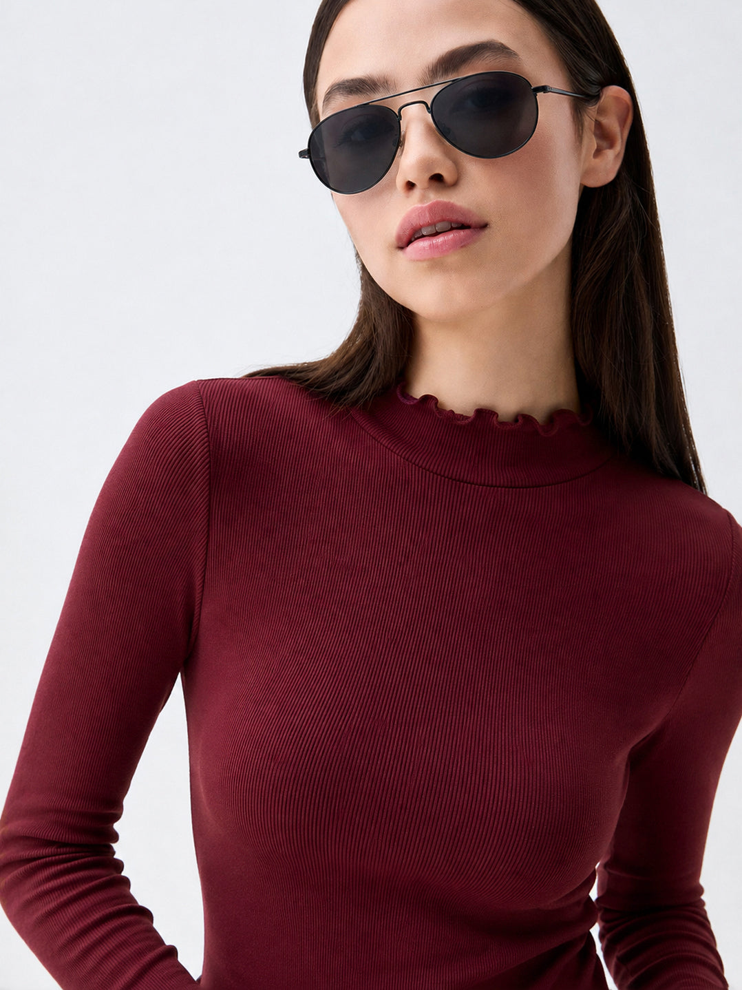 Burgundy Rib Picot High Neck Full Sleeve Top -SASSAFRAS