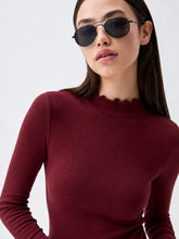Burgundy Rib Picot High Neck Full Sleeve Top -SASSAFRAS