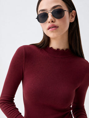 Burgundy Rib Picot High Neck Full Sleeve Top -SASSAFRAS