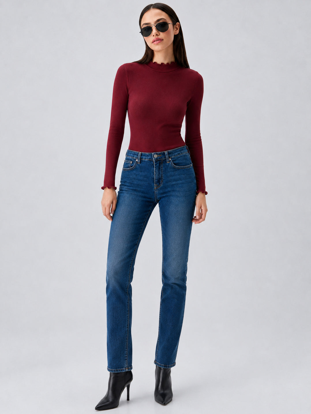Women Burgundy Rib Picot High Neck Full Sleeve Top