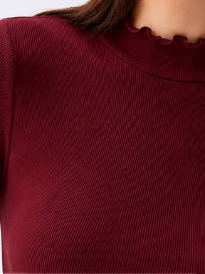 Burgundy Rib Picot High Neck Full Sleeve Top -SASSAFRAS