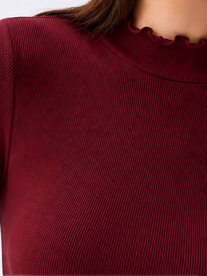 Burgundy Rib Picot High Neck Full Sleeve Top -SASSAFRAS