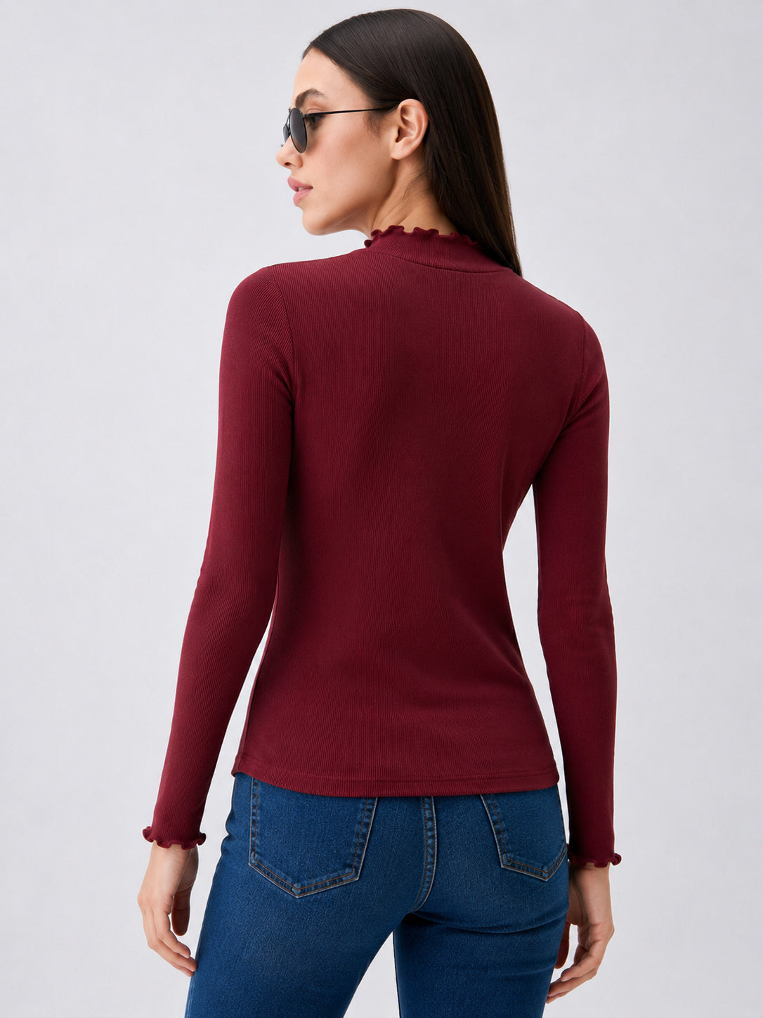 Burgundy Rib Picot High Neck Full Sleeve Top -SASSAFRAS