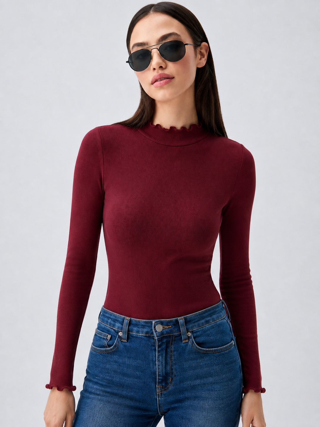 Burgundy Rib Picot High Neck Full Sleeve Top -SASSAFRAS