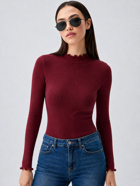 Burgundy Rib Picot High Neck Full Sleeve Top -SASSAFRAS