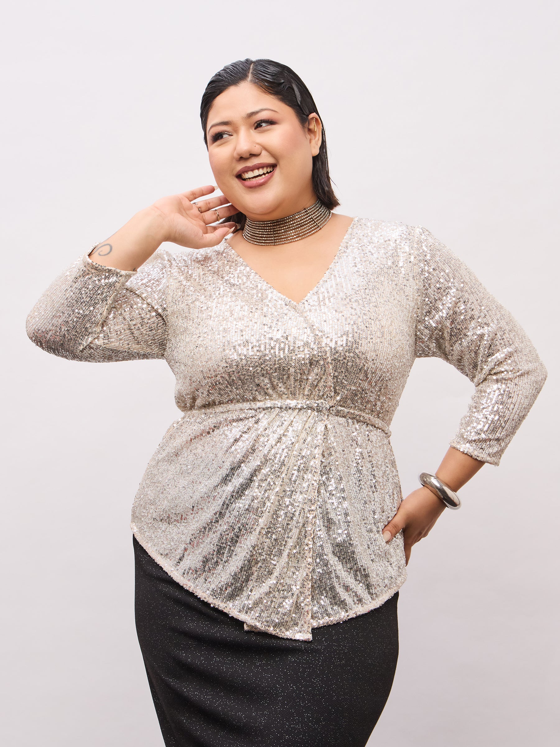 Champagne Gold Sequence Peplum Top-SASSAFRAS Curve