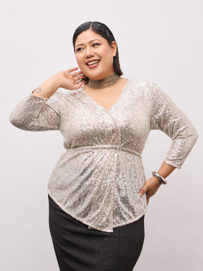 Champagne Gold Sequence Peplum Top-SASSAFRAS Curve