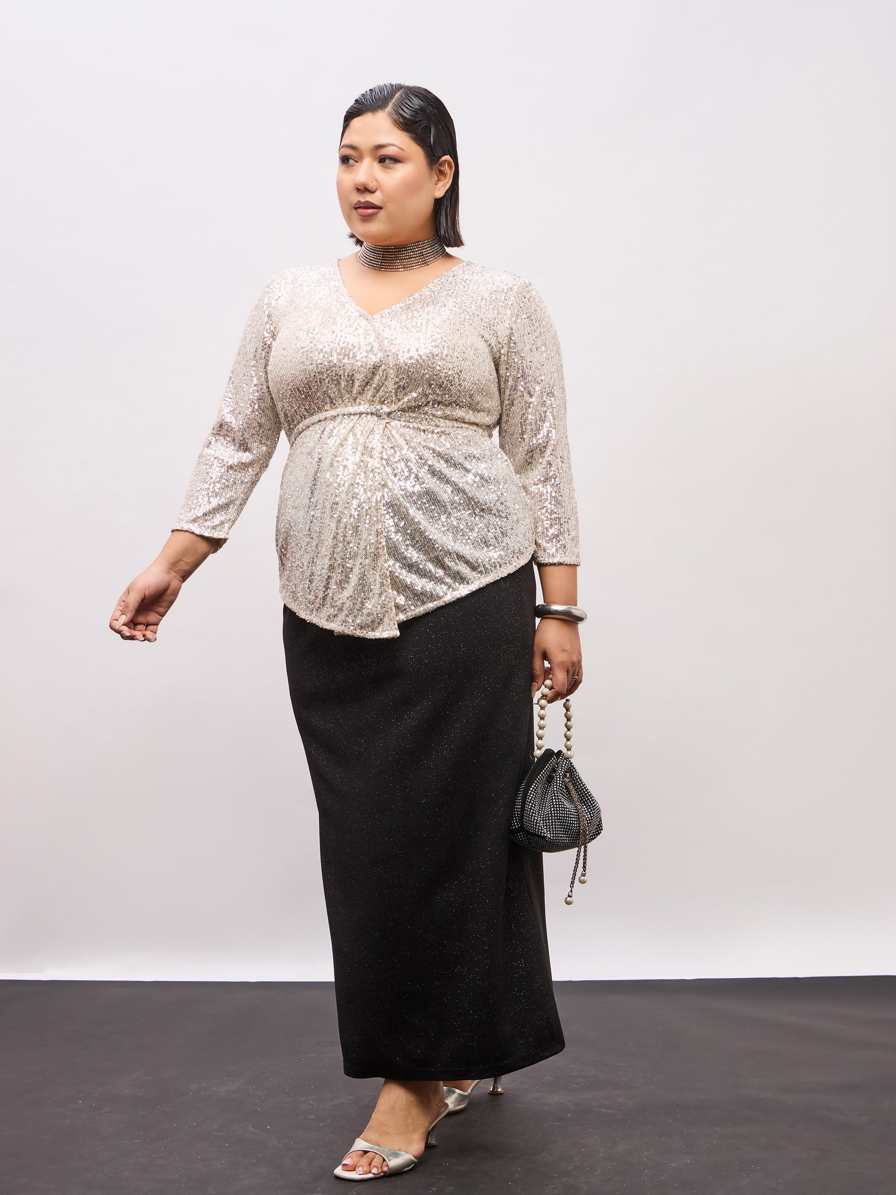 Champagne Gold Sequence Peplum Top-SASSAFRAS Curve
